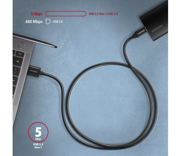 AXAGON BUCM3-AM15AB Kabel USB-C - USB-A, 1.5m, USB 3.2 Gen 1 3A, ALU, oplot, czarny - 1353470 - zdjęcie 3